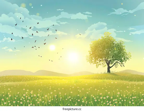 Green Meadow with Birds Flying in the Sky