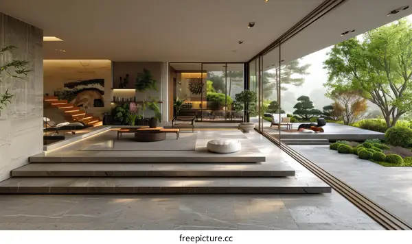 Modern Japanese house interior with minimalist living room and natural elements