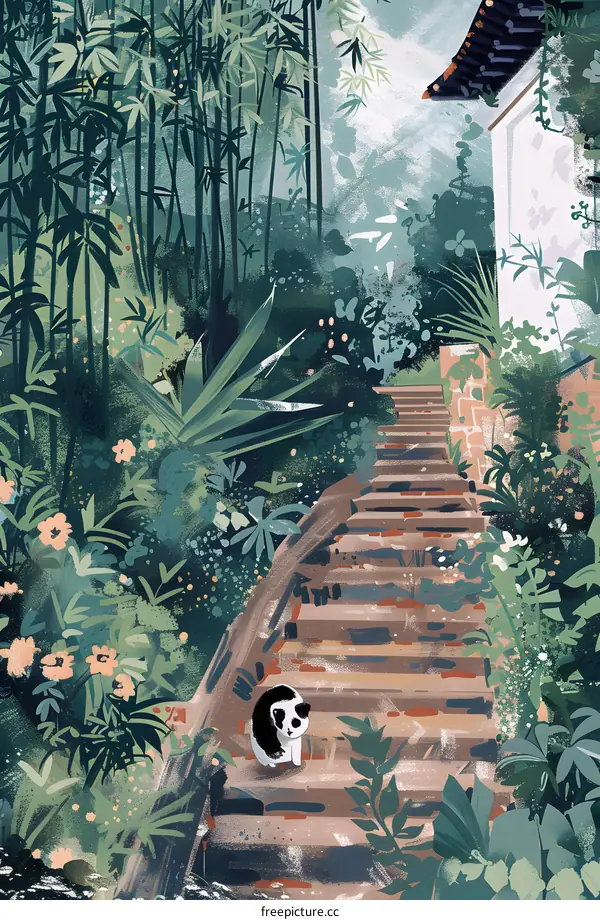 Black and White Cat Sitting on Stairs in Lush Greenery