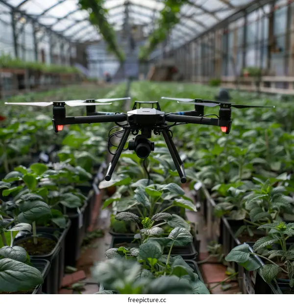 A drone is flying over a greenhouse full of plants.