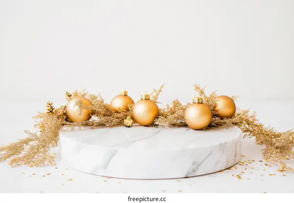 Golden Christmas Ornaments on Marble Display