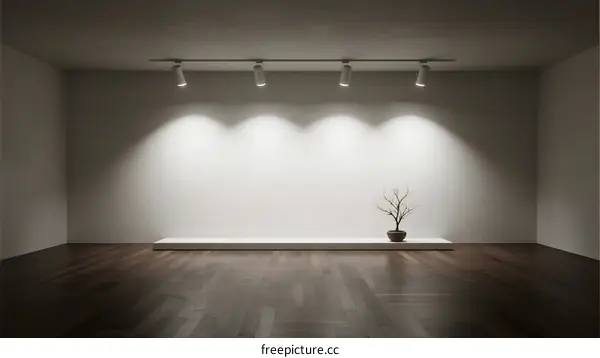 Empty room with white wall and spotlights showing a small plant