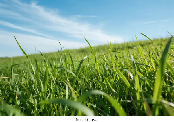 Vibrant Green Grass Under a Clear Blue Sky with Soft Clouds