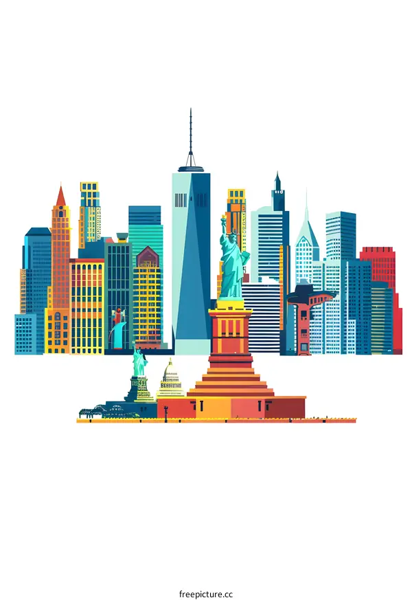 New York City Skyline Illustration with Statue of Liberty