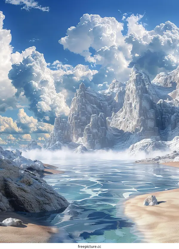 Fantasy Landscape: Snow-capped Mountains and a Beach