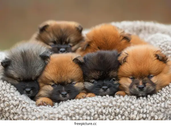 Five Adorable Pomeranian Puppies Resting on a Fluffy Blanket