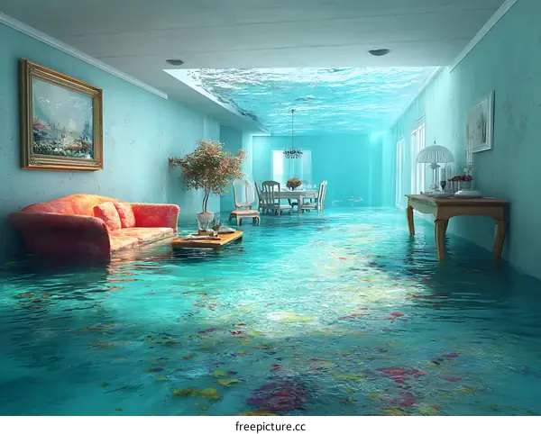 Flooded Interior Illustration: Underwater Living Room
