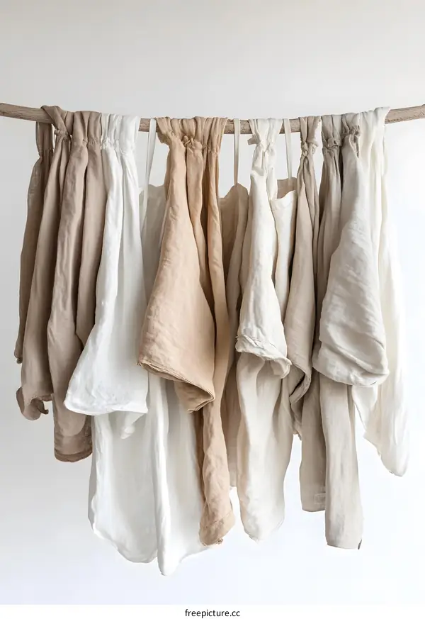 Neutral Color Linen Fabric Hanging on a Wooden Branch
