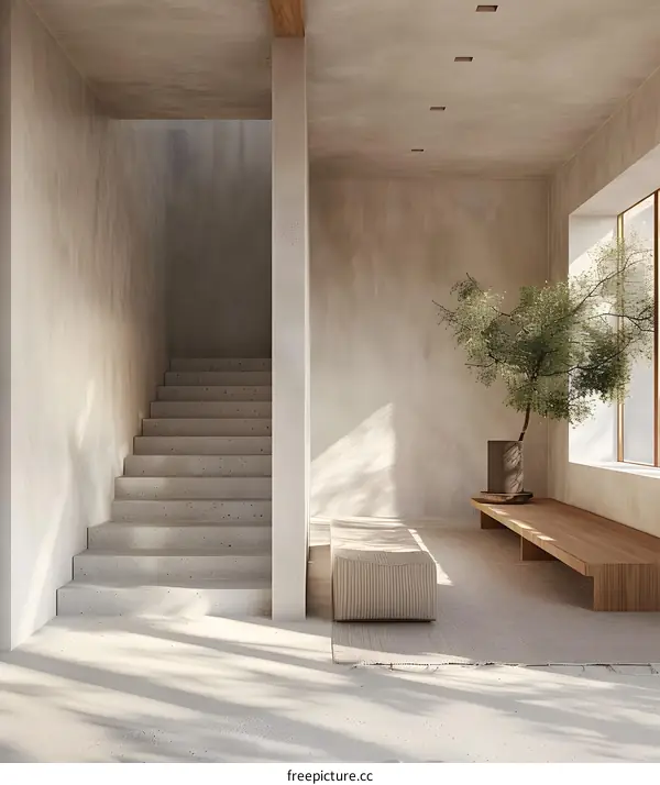 Modern Minimalist Interior Design with Concrete Stairs and Wooden Bench