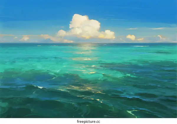 Vibrant Turquoise Ocean Surface Under Fluffy White Clouds