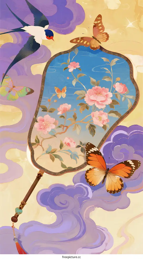 Elegant Chinese traditional fan with flowers and butterflies in clouds