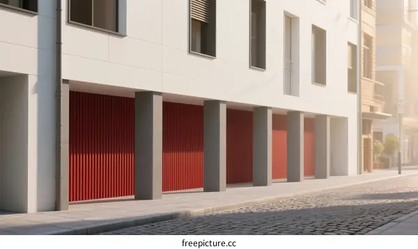 Modern Building Exterior with Red Garage Doors and Cobblestone Street