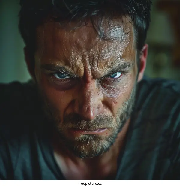 Close-up Portrait of a Caucasian Man with Intense Facial Expression