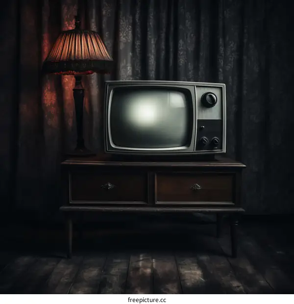 A lonely retro television set in a dark room