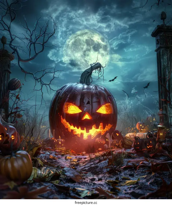 Eerie Halloween Pumpkin under Mystical Moon