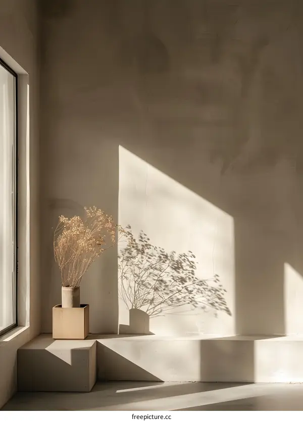 Minimalist Interior Design With Dried Flowers And Sunlight