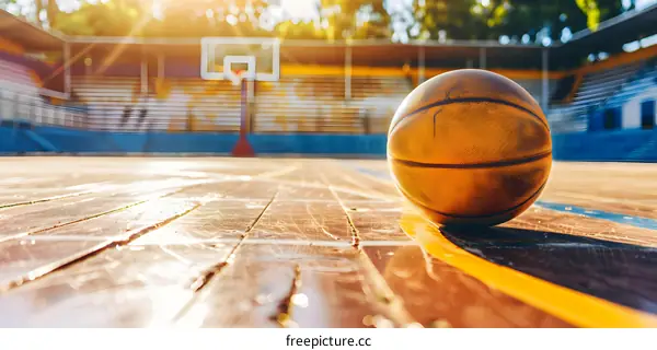 Basketball on a Wooden Court in the Sunshine