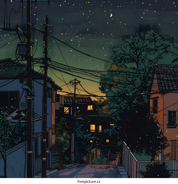 Night Sky Above Houses in a Small Town