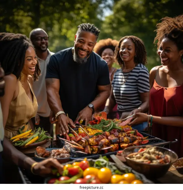 A group of African-American friends having a cookout in a park