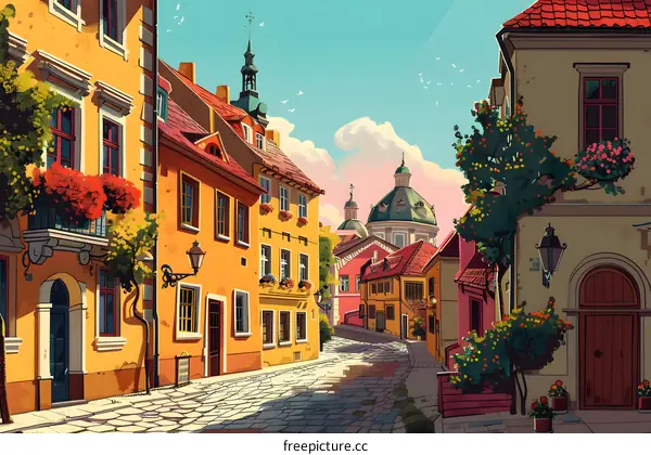 A beautiful European-style street with colorful buildings and a cobblestone road
