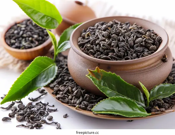 Black tea leaves and green tea leaves with a ceramic bowl and plate