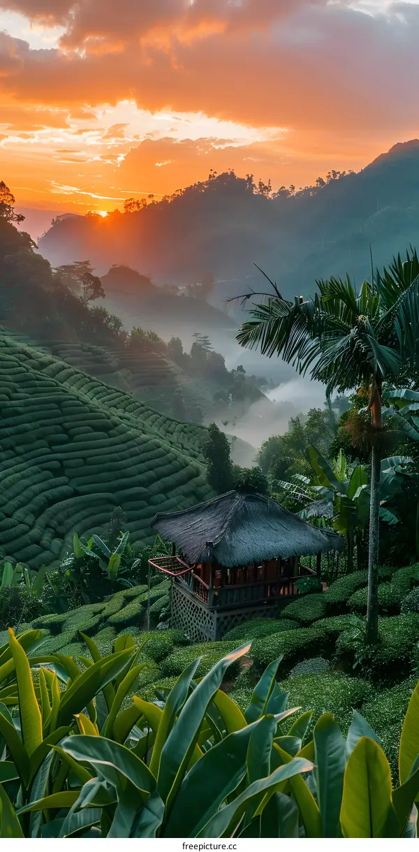 Sunrise Over Green Tea Plantation with Hut and Palm Tree