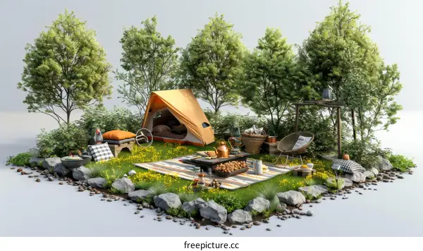 A cozy campsite with a tent, a campfire, and a picnic area