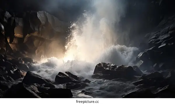 Raging underground river in a dark cave