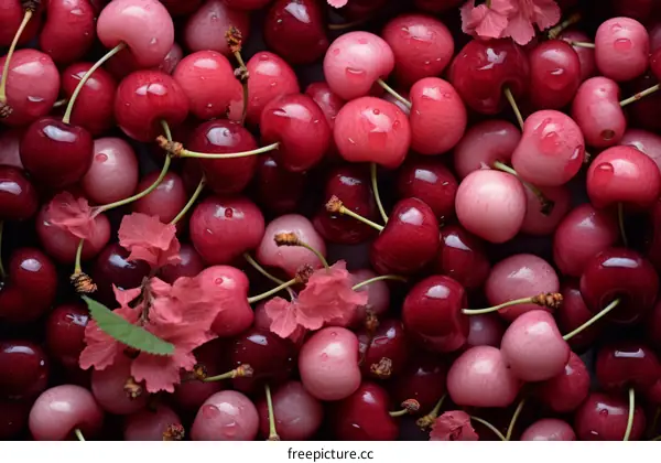 Close-up of a pile of red and pink cherries with green leaves