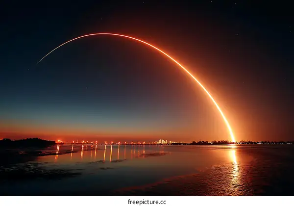 Rocket Launch Over Coastal City at Dusk