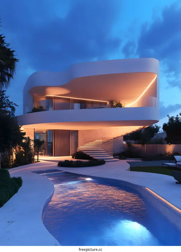 Modern Villa With Curved Design and Swimming Pool at Dusk