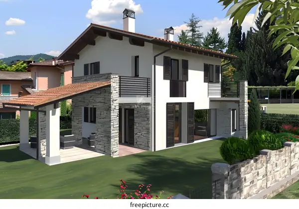 Modern Two Story House with Patio and Garden