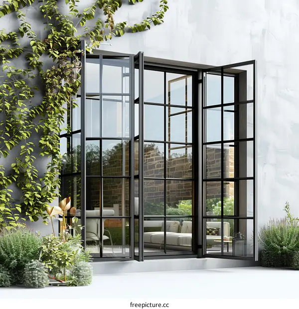 Modern Steel Windows and Doors with Greenery