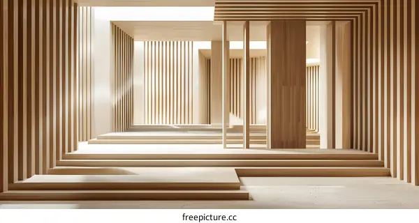 Minimalist Wooden Interior Design With Stairs And Sunbeams