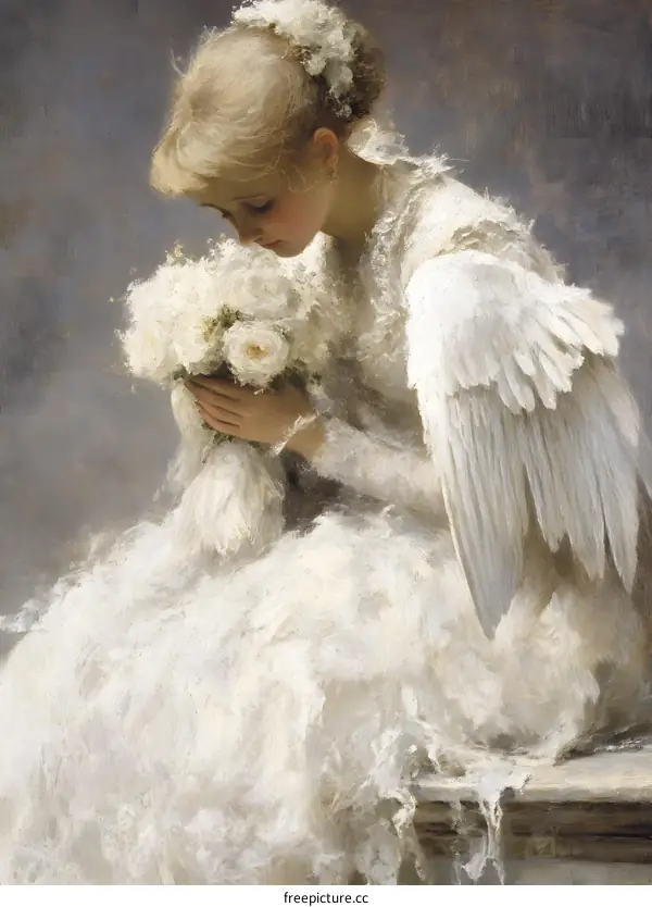 Angel Girl With Flowers and Wings