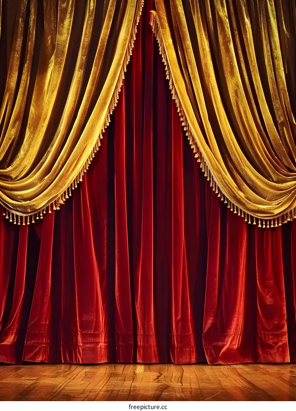 Red and Gold Stage Curtains with Wooden Floor