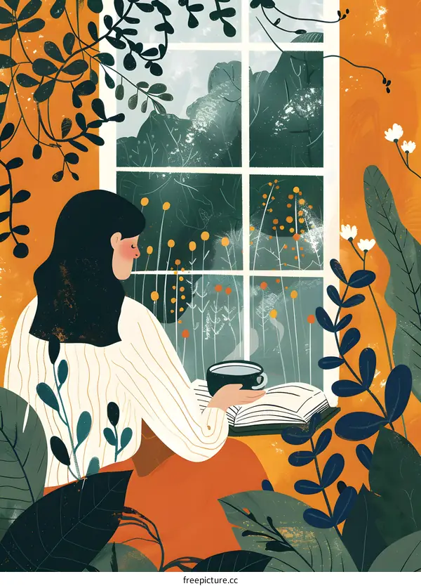 Woman Reading Book by Window with Cup of Coffee