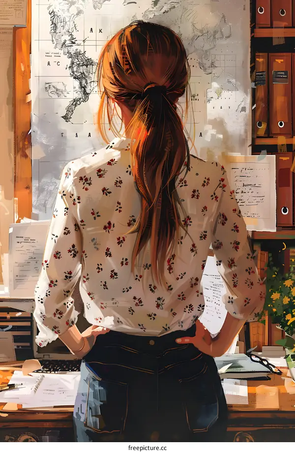 girl standing with hands on hips in front of world map