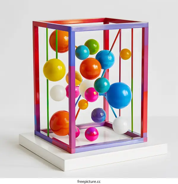 Colorful Abstract Sculpture with Spheres Inside a Cube Frame