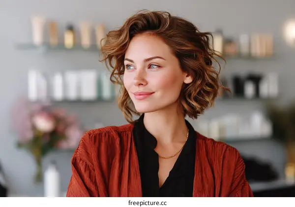 Beautiful Woman with Curly Hair in a Salon