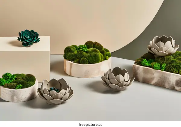 Decorative Moss Succulents in Stone Pots on a Gray Background