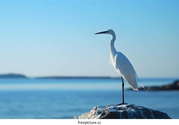 White Heron Standing On A Rock By The Sea