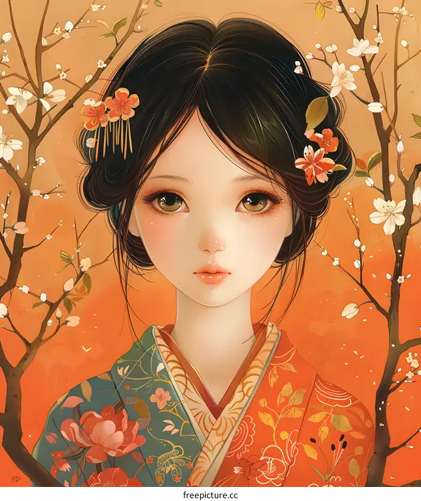 A beautiful Japanese girl in a kimono with cherry blossoms