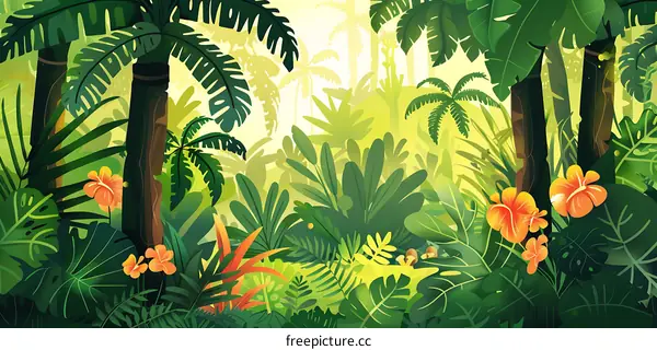 Tropical Jungle Illustration With Orange Flowers