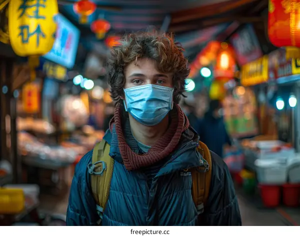 Portrait of a young man wearing a mask in a market