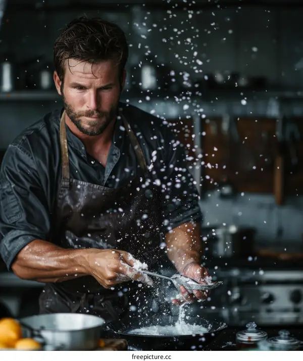 Focused male chef sprinkling salt over dish in kitchen