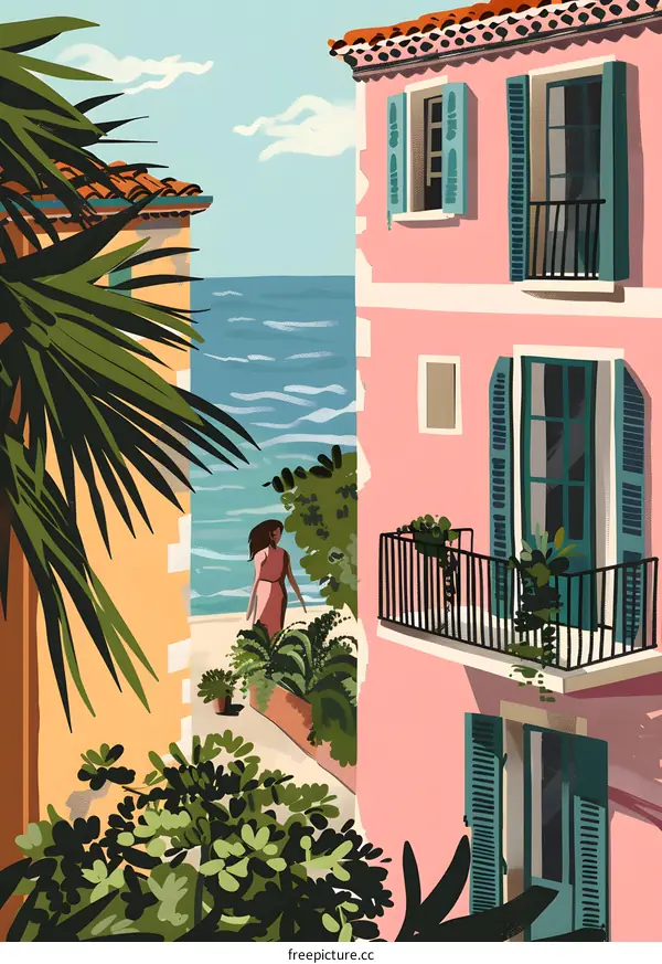 Mediterranean  Sea Landscape Painting, Pink Building, Woman in Dress