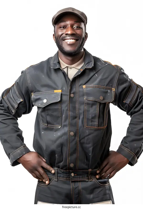 Black man in work clothes smiling