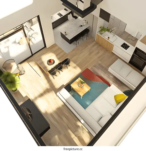 Modern Home Interior Design, Top View, Living Room and Kitchen