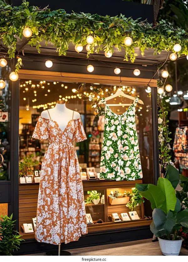 Floral Pattern Dresses Displayed in Shop Window with Fairy Lights